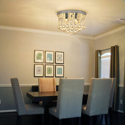 Chandelier Ceiling Light Round Modern Flush Mount Crystal Droplets Chrome Base with 4 LED Bulbs - Energy Light Bulbs - Free delivery on all orders