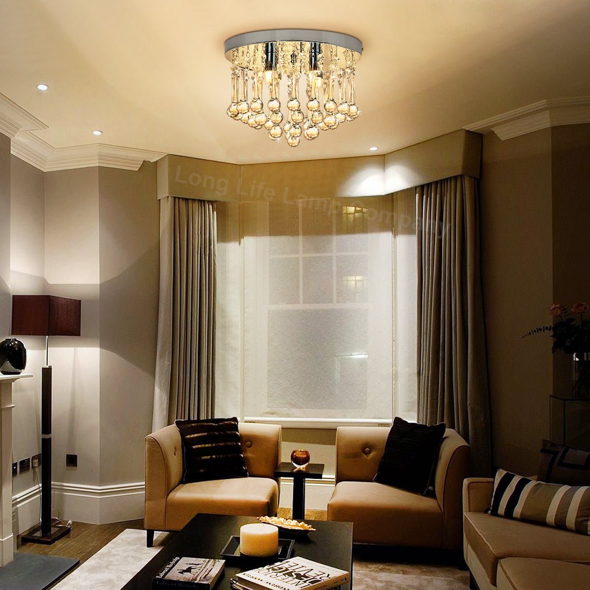 Chandelier Ceiling Light Round Modern Flush Mount Crystal Droplets Chrome Base with 4 LED Bulbs - Energy Light Bulbs - Free delivery on all orders