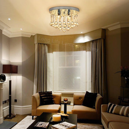 Chandelier Ceiling Light Round Modern Flush Mount Crystal Droplets Chrome Base with 4 LED Bulbs - Energy Light Bulbs - Free delivery on all orders