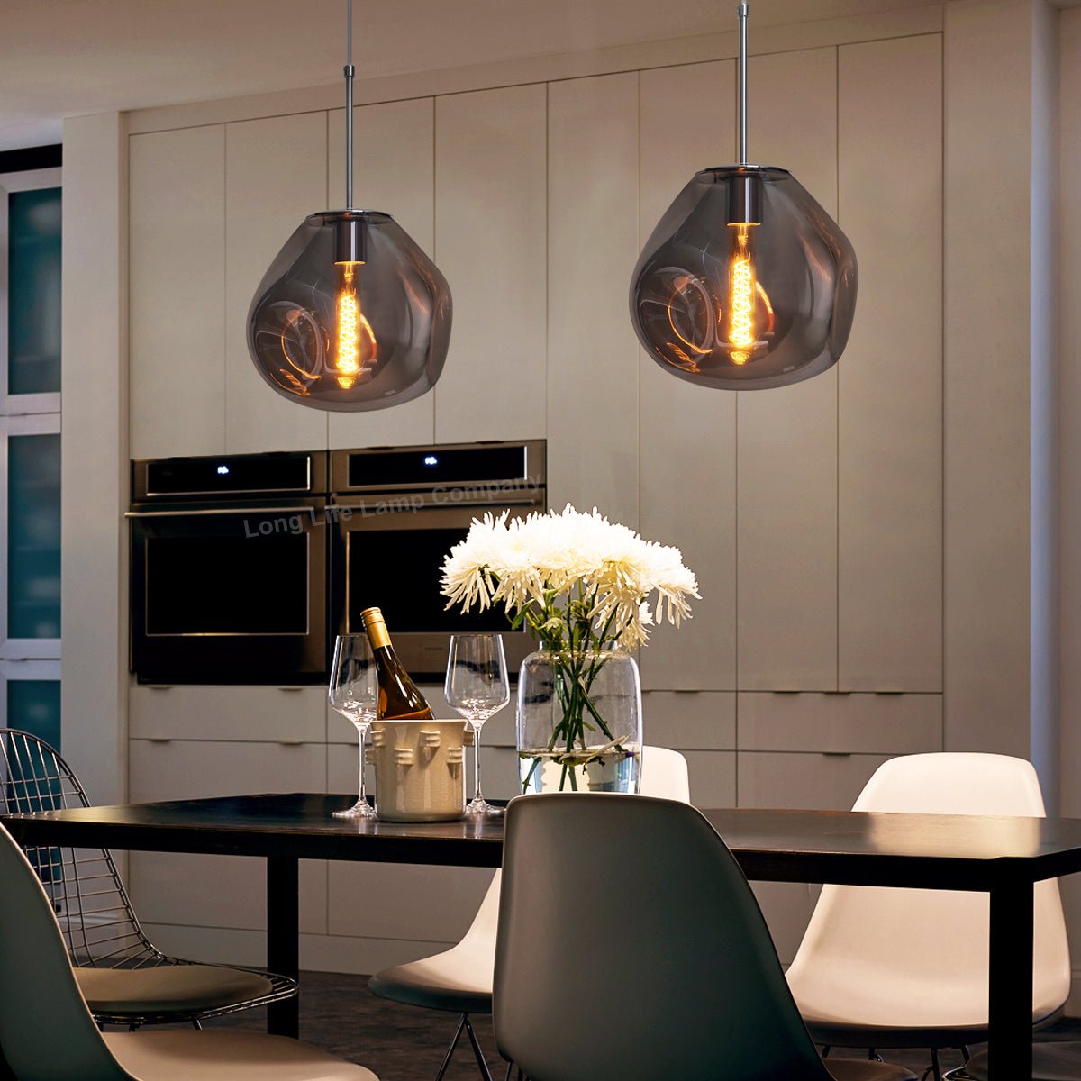 Chrome Blown Glass Ceiling Pendant Light Smoked Grey Globe Lamp Shade - Energy Light Bulbs - Free delivery on all orders