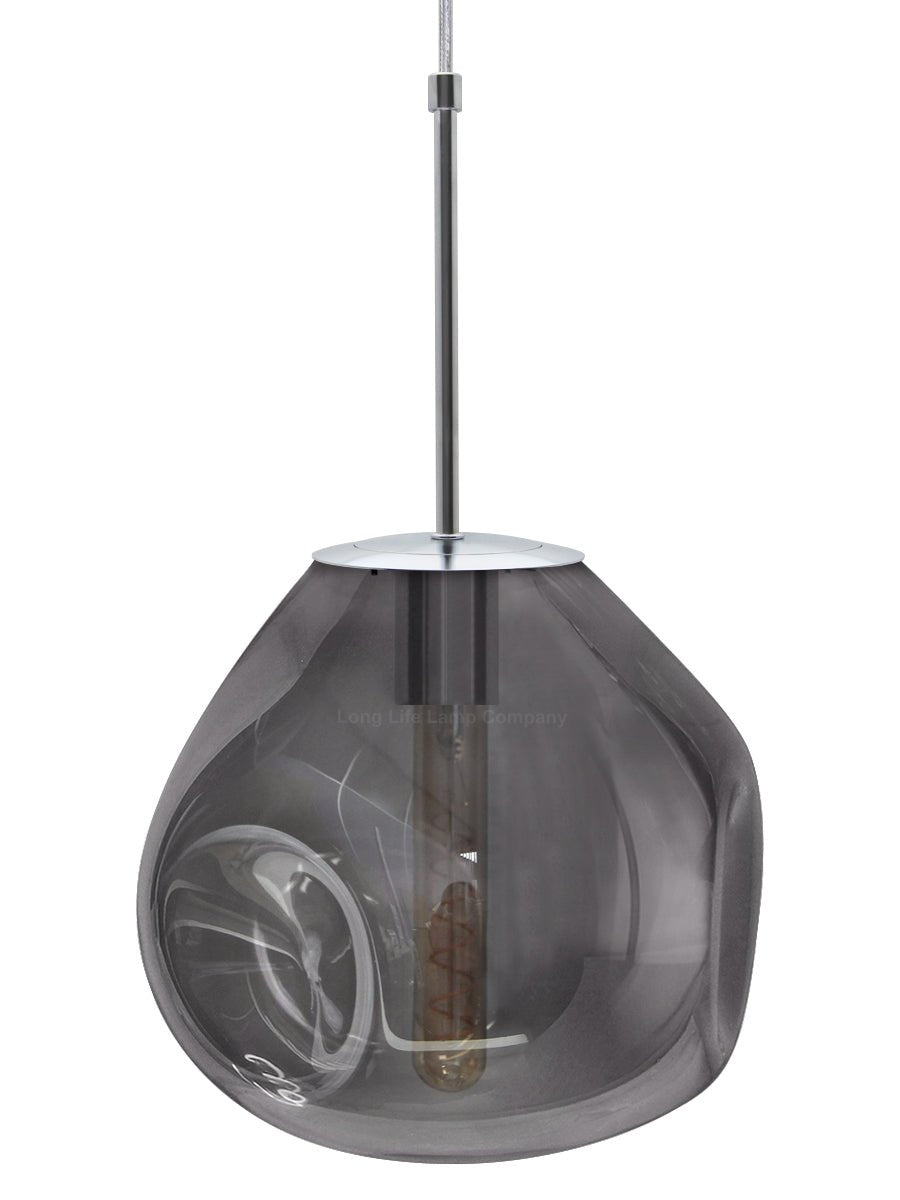 Chrome Blown Glass Ceiling Pendant Light Smoked Grey Globe Lamp Shade - Energy Light Bulbs - Free delivery on all orders