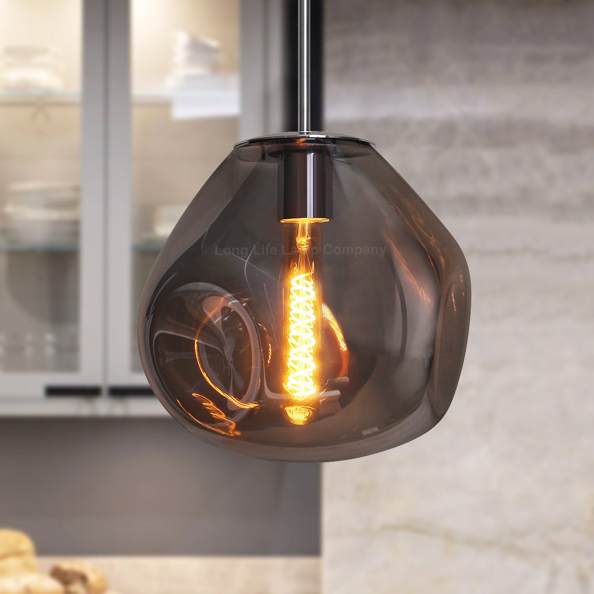 Chrome Blown Glass Ceiling Pendant Light Smoked Grey Globe Lamp Shade - Energy Light Bulbs - Free delivery on all orders