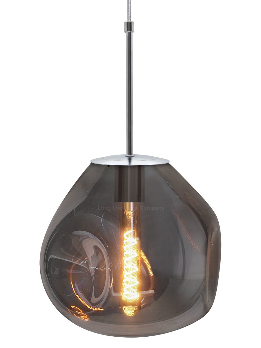 Chrome Blown Glass Ceiling Pendant Light Smoked Grey Globe Lamp Shade - Energy Light Bulbs - Free delivery on all orders