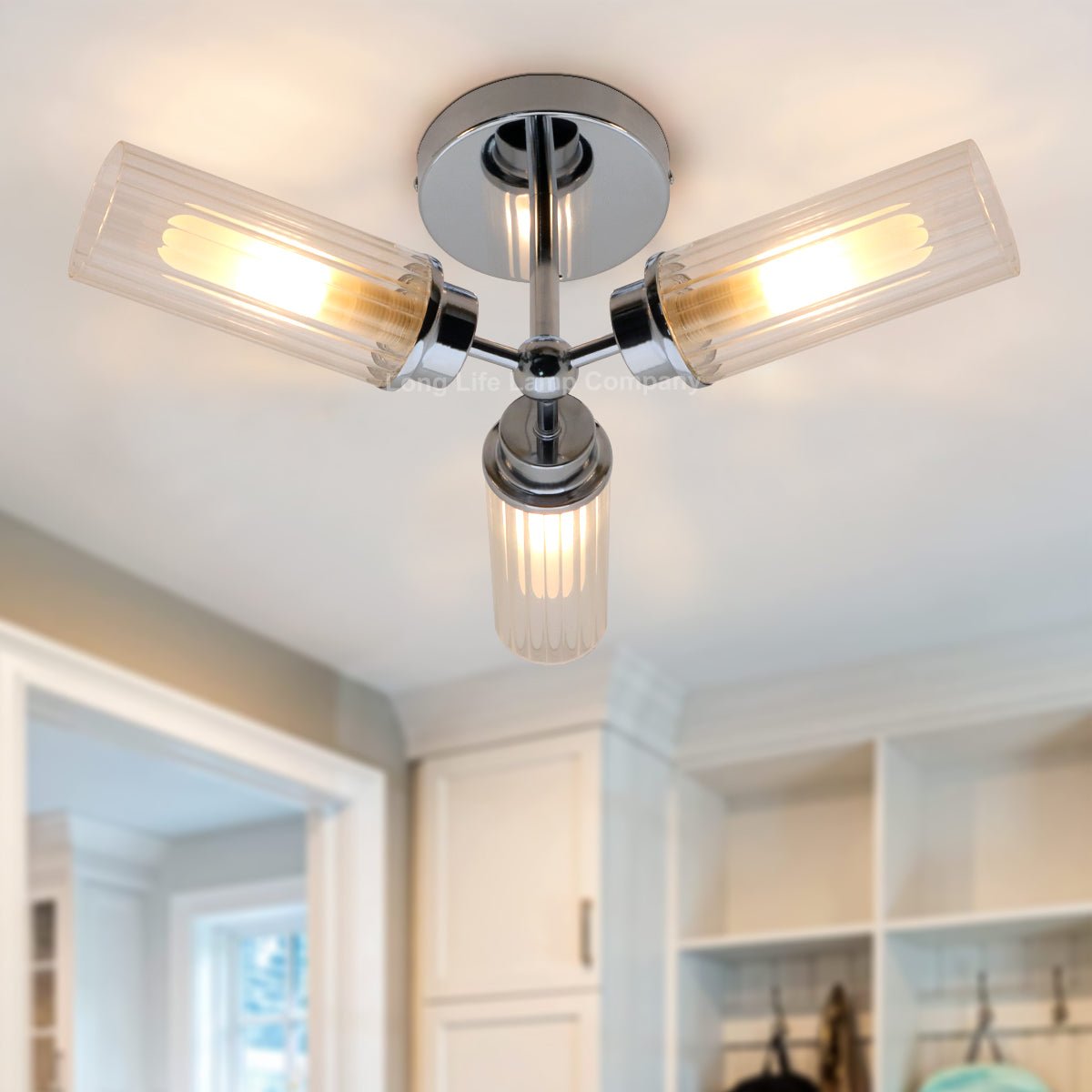 Chrome Clear Ribbed Glass Tubular Ceiling Light 3 Lamp Shades IP44 K401 with LED 5W G9 - Energy Light Bulbs - Free delivery on all orders