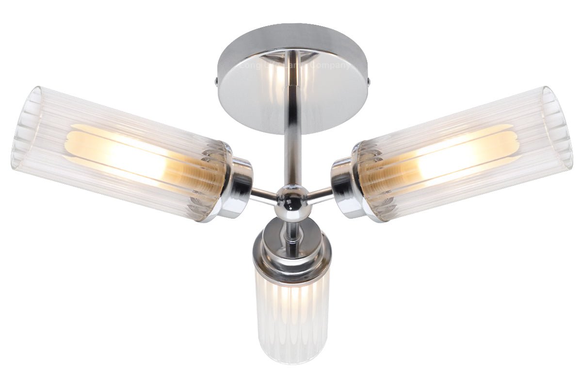 Chrome Clear Ribbed Glass Tubular Ceiling Light 3 Lamp Shades IP44 K401 with LED 5W G9 - Energy Light Bulbs - Free delivery on all orders