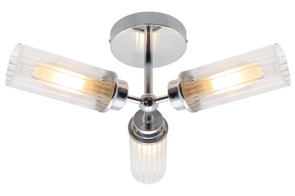Chrome Clear Ribbed Glass Tubular Ceiling Light 3 Lamp Shades IP44 K401 with LED 5W G9 - Energy Light Bulbs - Free delivery on all orders