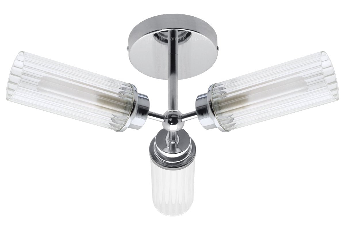 Chrome Clear Ribbed Glass Tubular Ceiling Light 3 Lamp Shades IP44 K401 with LED 5W G9 - Energy Light Bulbs - Free delivery on all orders