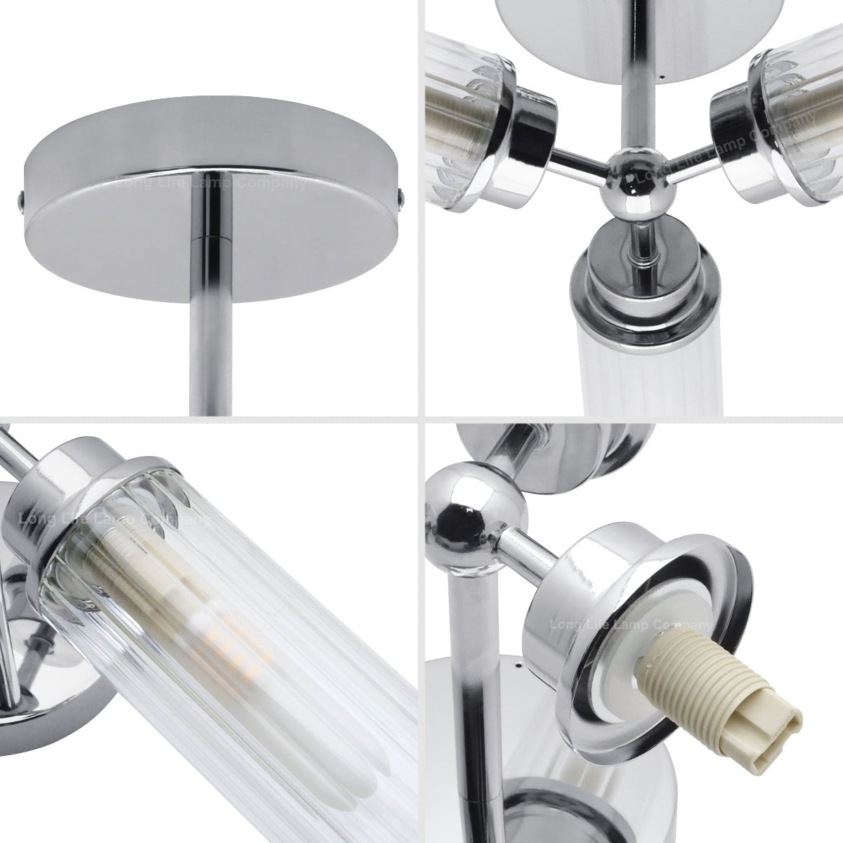 Chrome Clear Ribbed Glass Tubular Ceiling Light 3 Lamp Shades IP44 K401 with LED 5W G9 - Energy Light Bulbs - Free delivery on all orders