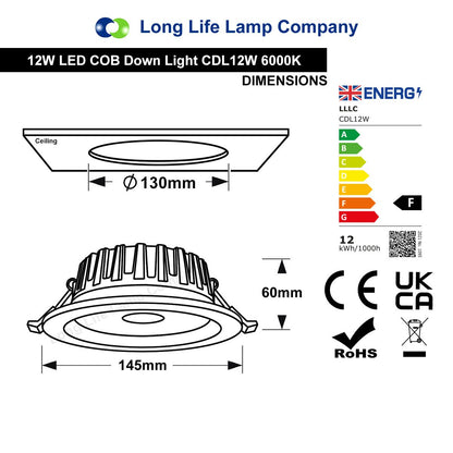 COB 12W Recessed Commercial LED Downlight 6000K - Energy Light Bulbs - Free delivery on all orders