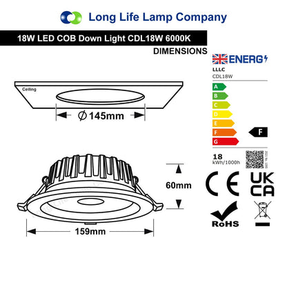 COB 18W Recessed Commercial LED Downlight 6000K - Energy Light Bulbs - Free delivery on all orders