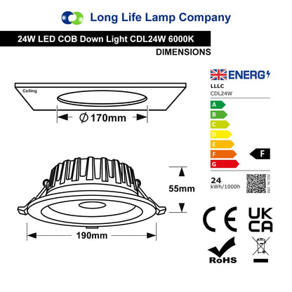 COB 24W Recessed Commercial LED Downlight 6000K - Energy Light Bulbs - Free delivery on all orders