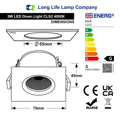 Cool White 3w Adjustable LED Recessed Ceiling Downlight Square CLS2 - Energy Light Bulbs - Free delivery on all orders