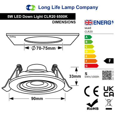 Cool White 5w LED Recessed Ceiling Downlight Adjustable - Energy Light Bulbs - Free delivery on all orders