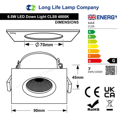 Cool White 6.5w Adjustable LED Recessed Ceiling Downlights Square CLS9 - Energy Light Bulbs - Free delivery on all orders
