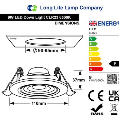 Cool White 9w LED Recessed Ceiling Downlight Adjustable CLR23 - Energy Light Bulbs - Free delivery on all orders
