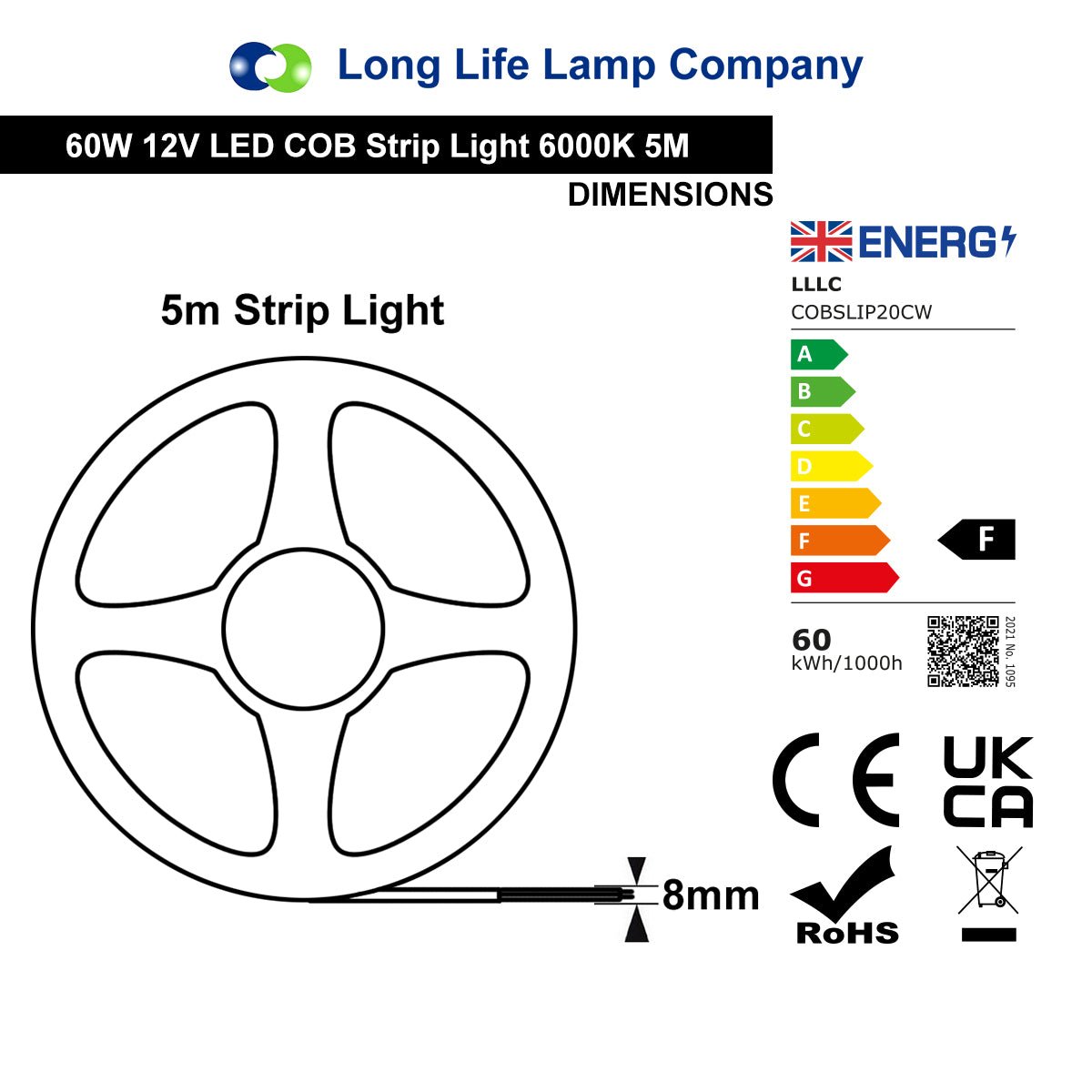 Cool White LED Tape Strip Light Continuous COB Illumination 5 Metres 12V - Energy Light Bulbs - Free delivery on all orders