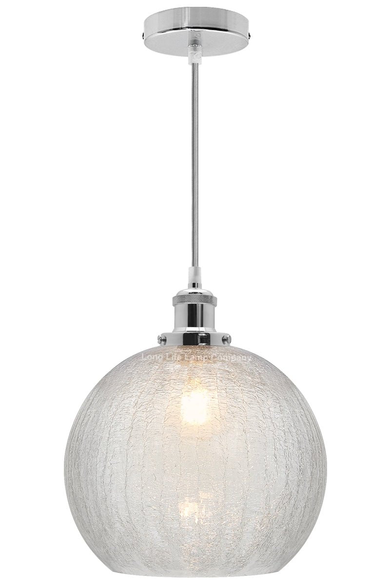 Crackle Glass Pendant Light Round Globe Shade Chrome Ceiling Lamp Holder - Energy Light Bulbs - Free delivery on all orders