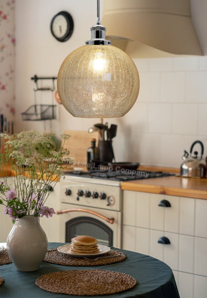 Crackle Glass Pendant Light Round Globe Shade Chrome Ceiling Lamp Holder - Energy Light Bulbs - Free delivery on all orders