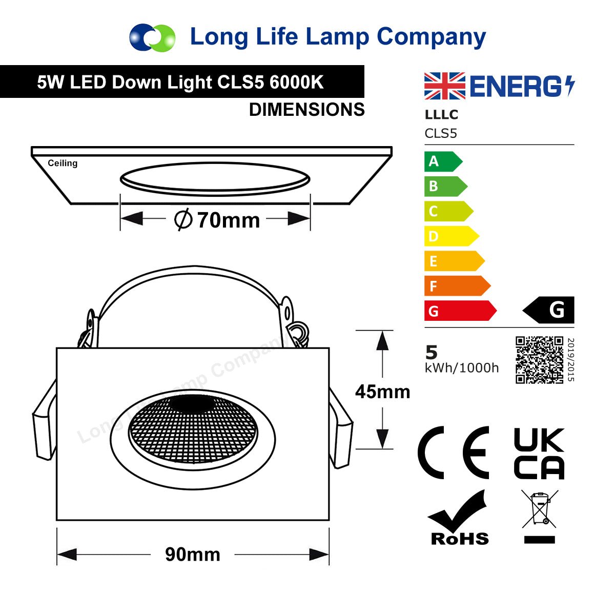 Daylight White 5w Adjustable LED Recessed Ceiling Downlight Square CLS5 - Energy Light Bulbs - Free delivery on all orders