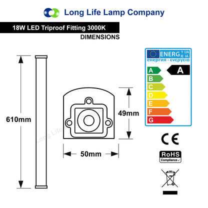 18w 2ft Industrial LED Batten Tube Light IP Rated Warm White T8 Fluorescent Replacement