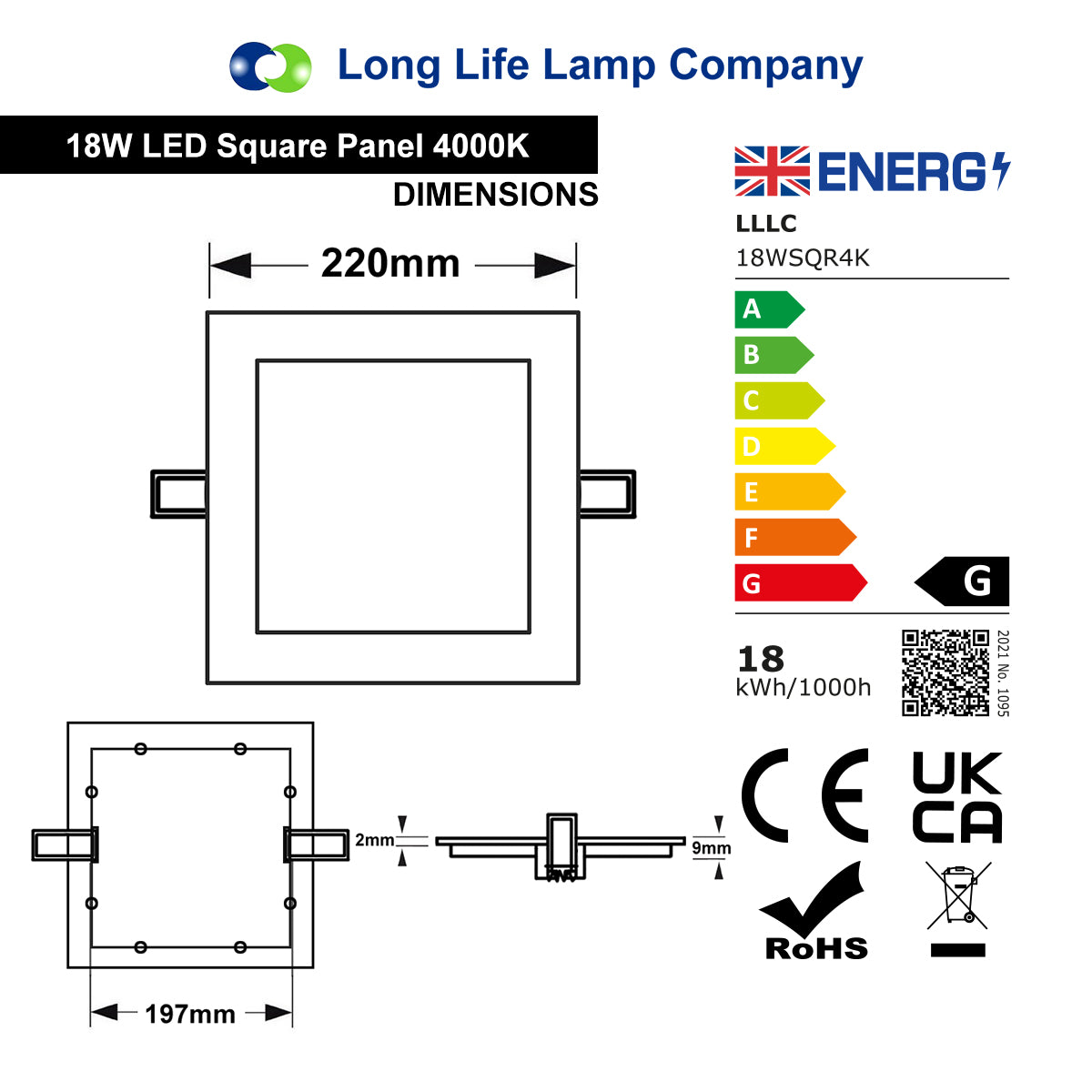 18w LED Square Recessed Ceiling Panel White 4000K - Free delivery on all orders