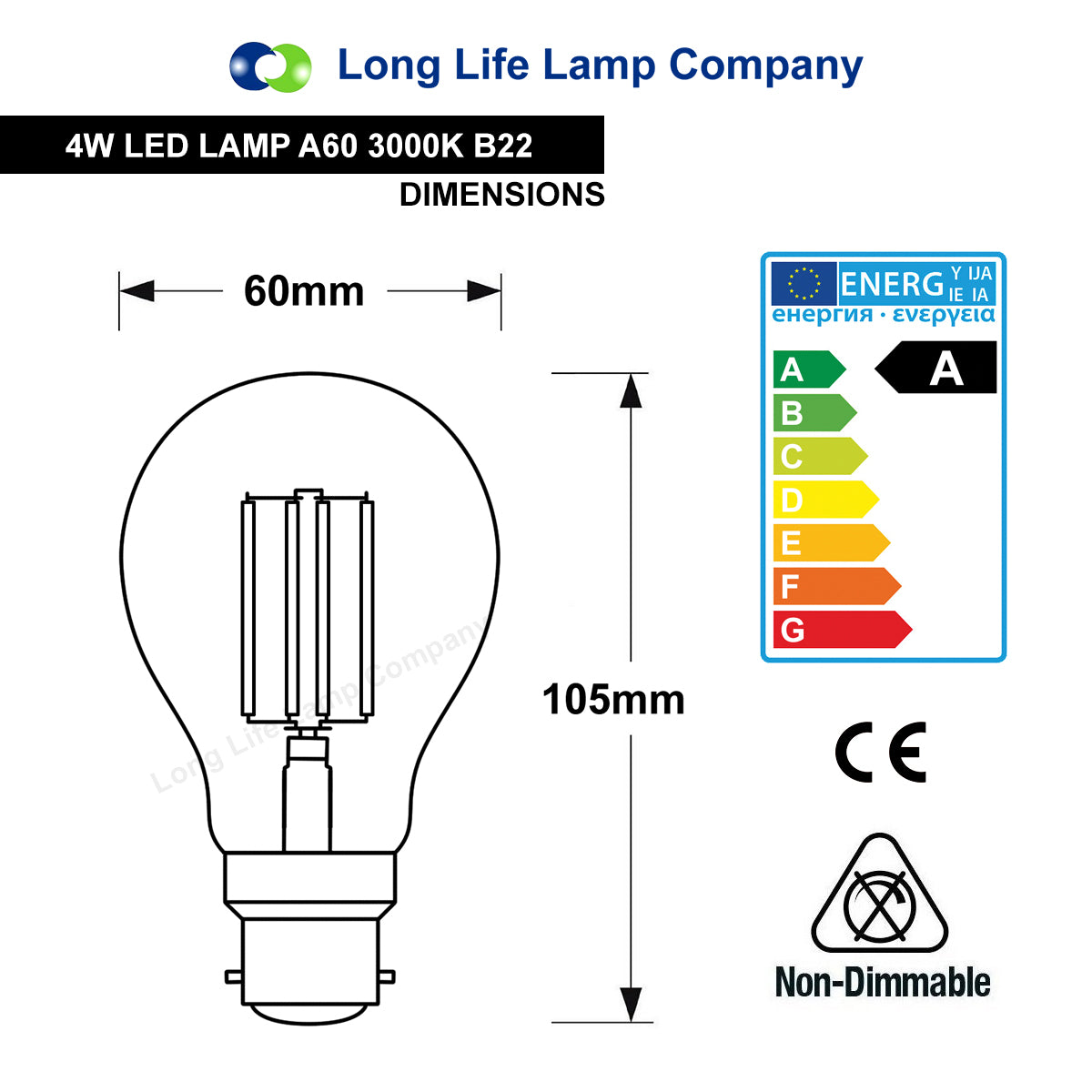 A60 4W LED Filament Light Bulb Warm White B22 Edison Screw Clear Glass - Free delivery on all orders