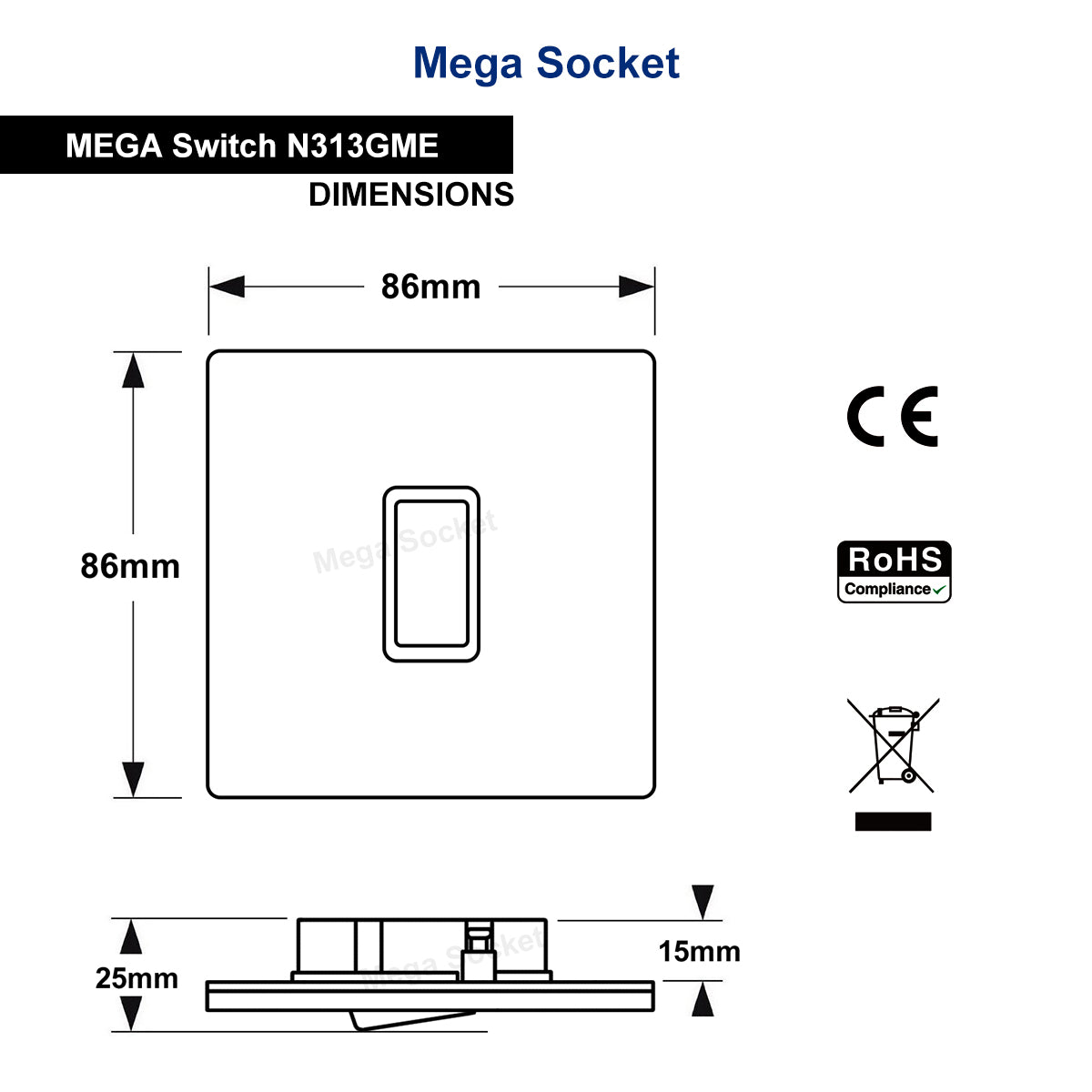 1 Gang Intermediate Single Light Switch Black Nickel Screwless Plate