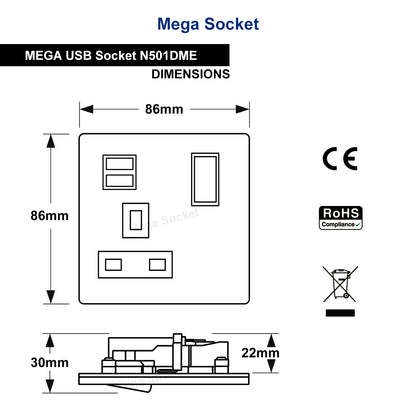 1 Gang USB Switch Socket 13A Twin Port Brushed Chrome Single Plug Wall Outlet N501DME