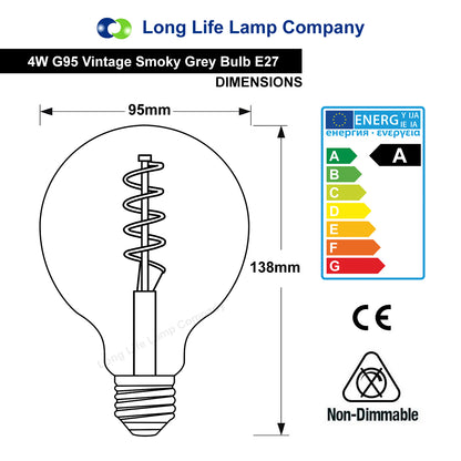 4w Vintage LED G95 Bulb E27 Spiral Filament Smoke Grey - Free delivery on all orders