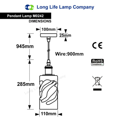 Vintage Smoked Grey Twisted Cylinder Glass Ceiling Pendant Lamp M0242