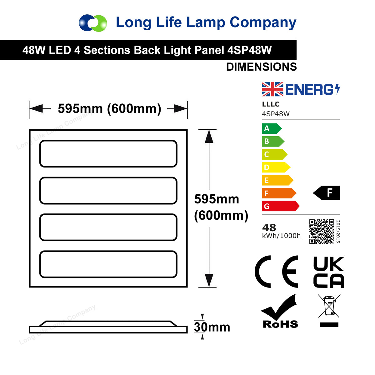 48w LED Panel 600 x 600 Ceiling Light 6500k Recessed 4 Sections Back Light