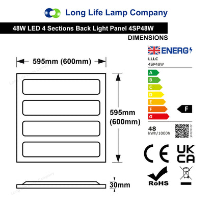 48w LED Panel 600 x 600 Ceiling Light 6500k Recessed 4 Sections Back Light
