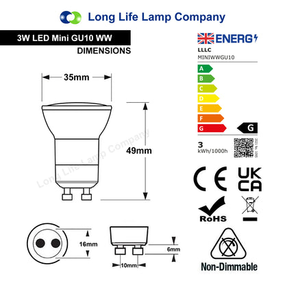 3W Mini GU10 LED Bulb Warm White 3000K Equivalent to 35W - Free delivery on all orders