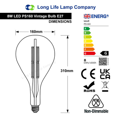 8W Pear Shape Antique Vintage LED E27 Large Smoked Glass
