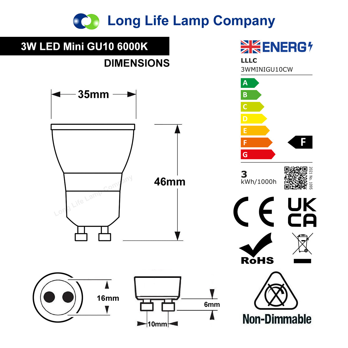 Mini GU10 LED Light Bulb 3W COOL WHITE 6000K Replacement for Small Mini Halogen GU10 35mm Very Bright