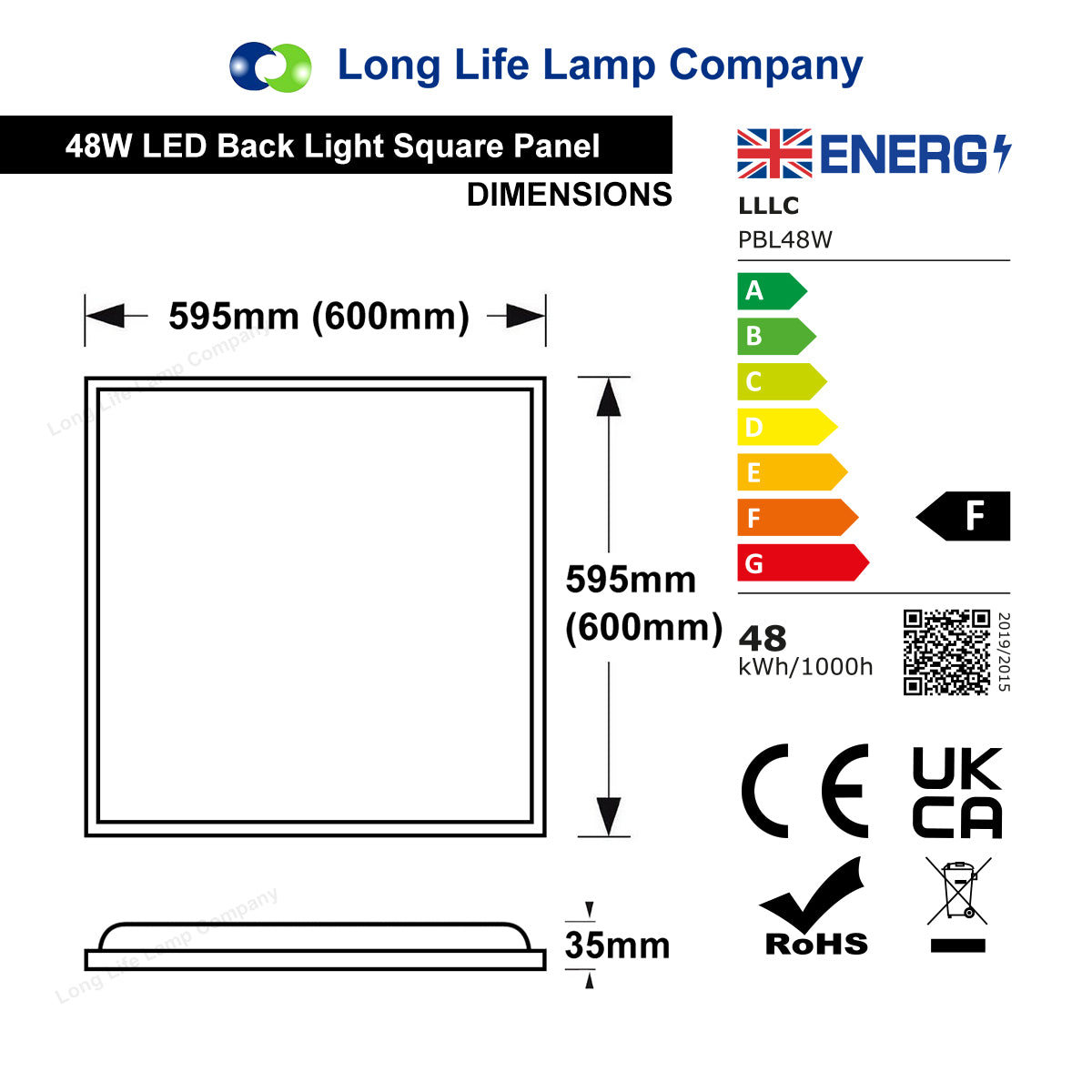 48W LED Backlight Recessed Ceiling Panel 600 x 600 Very High Lumen Daylight