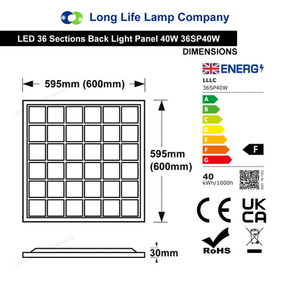 40w LED Panel 600 x 600 Recessed Ceiling Light 6500K 36 Sections Modular Replacement