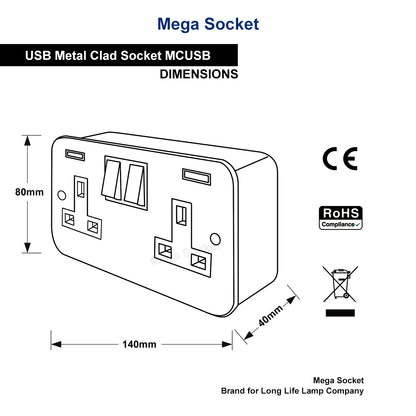 13A Metal Clad 2 Gang Socket with Dual USB Charger