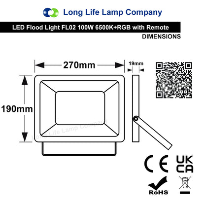 100W LED RGBW Floodlight Colour Changing Remote Control 240v IP65