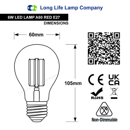 6W LED RED Light Bulb E27 Screw Cap Glass A60