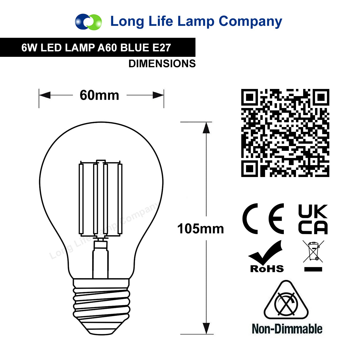 6W LED BLUE Light Bulb E27 Screw Cap Glass A60