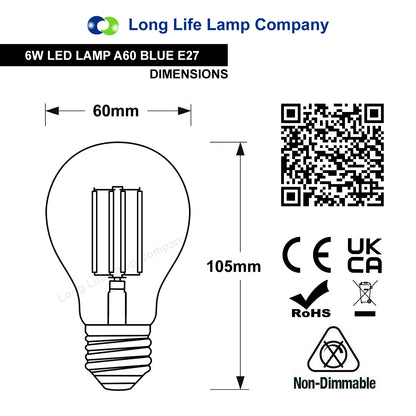 6W LED BLUE Light Bulb E27 Screw Cap Glass A60
