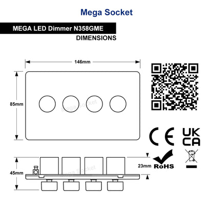 LED Dimmer Switch Black Nickel 400w 4 Gang 100w x 4 Screwless Plate Finish N358GME