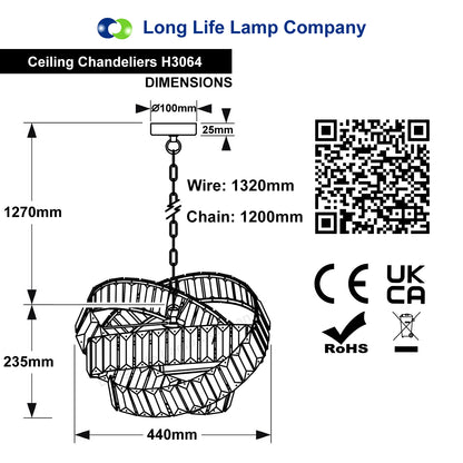 Modern Ceiling Crystal Chandelier Pendant Light Chrome Fixture Glass 3 Rings H3064
