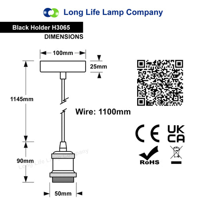 Industrial Vintage Ceiling Pendant Lamp Holder Matte Black E27 Fitting H3065