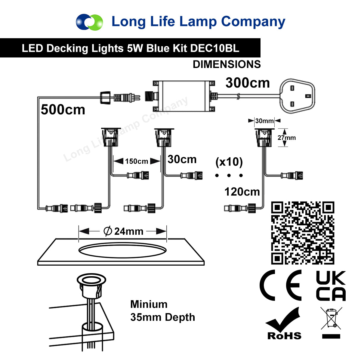 IP68 Outdoor LED Decking Lights 30mm Round Blue 10 Kit DEC10BL