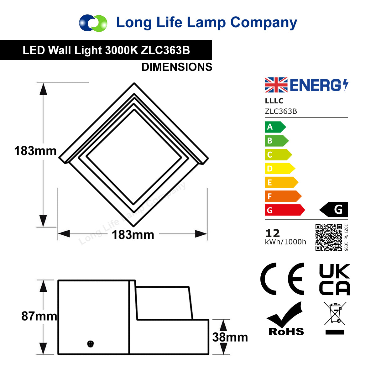 12W Outdoor Modern Square Black LED Wall Light Opal Diffuser 3000K