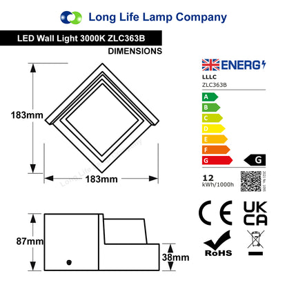 12W Outdoor Modern Square Black LED Wall Light Opal Diffuser 3000K