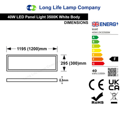 40w LED Ceiling Panel 1200x300 Flat Warm White 3500k