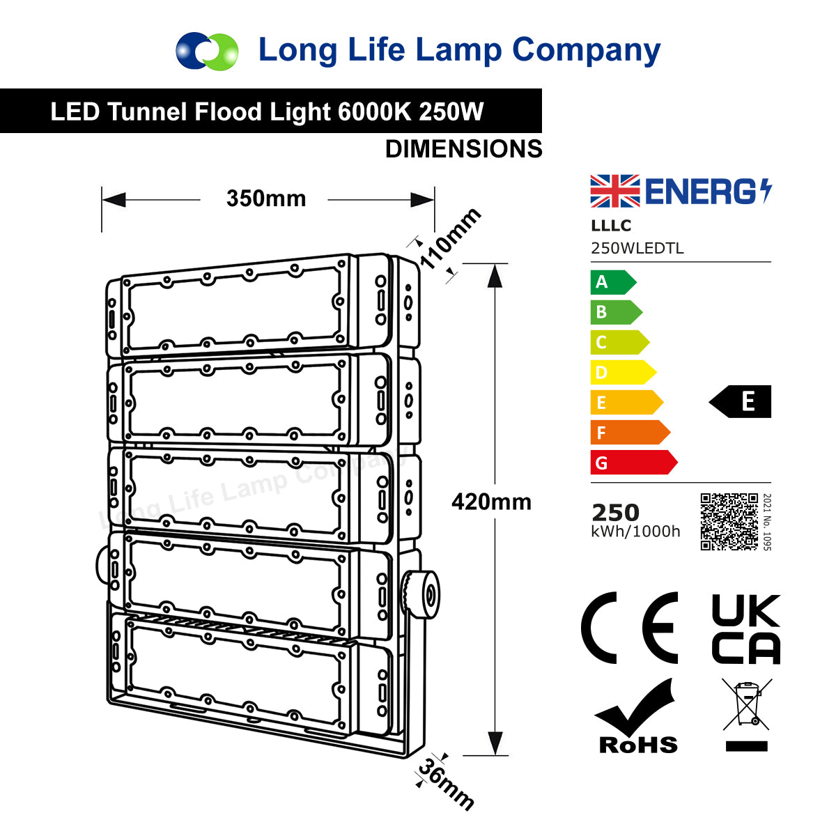 250w LED Tunnel Light High Brightness Security Flood Light IP65 6000K - Free delivery on all orders